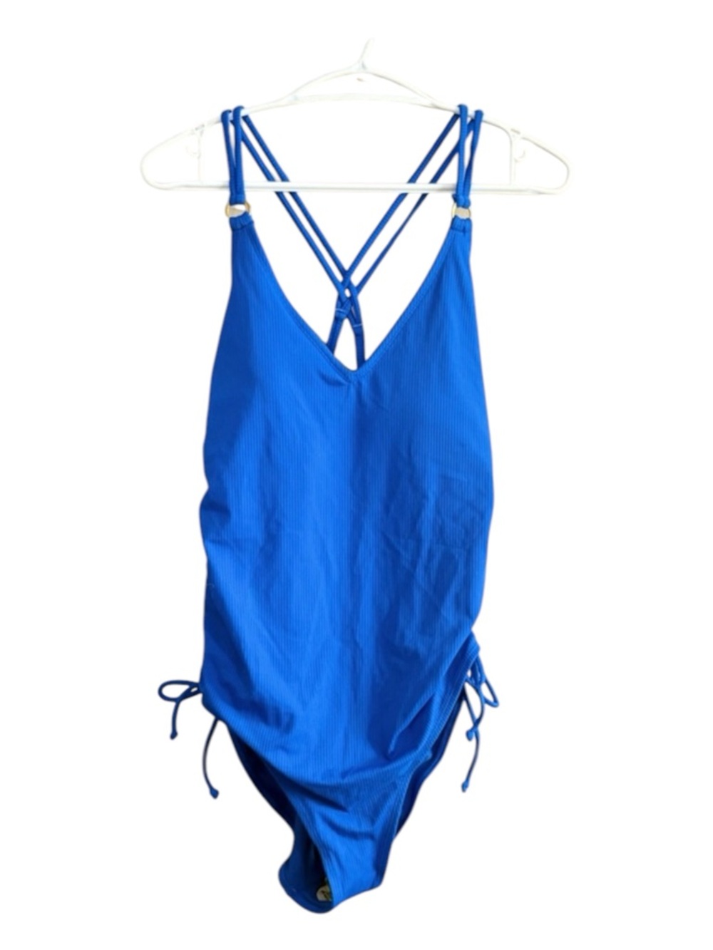 Ribbed Royal Blue One Piece Swimsuit Criss-Cross Back Straps Ruched Sides Large